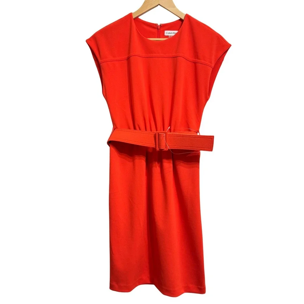 Calvin Klein‎ Belted Sheath Dress Women 2 Orange NEW CD2C1F2W Short Sleeve